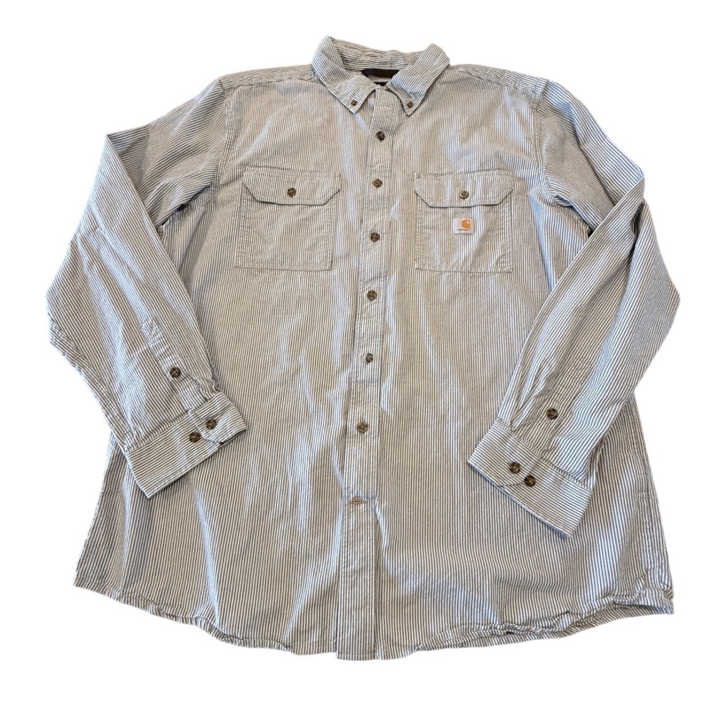 Carhartt Mens XL Tall Loose Fit Hickory Stripe Button Down Work Shirt Blue White
